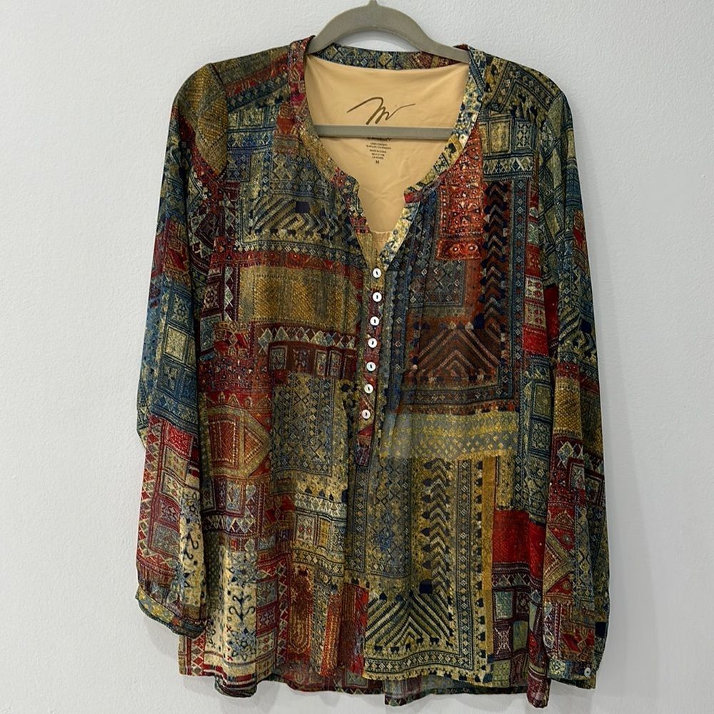 Miraclebody By Miraclesuit  Patchwork Boho Long Sleeve V-Neck Tunic Sz M